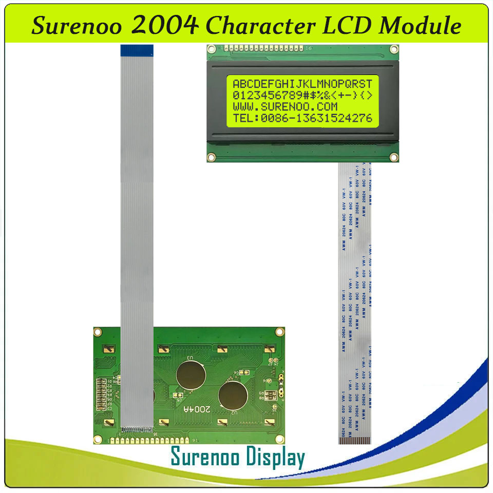 SLC2004A6 PCB=98.00X60.00MM 2004 20*4 Surenoo Character LCD Module Display Screen Panel 6800 4/8-bit Parallel Serial IIC I2C AIP31066 ST7066 Controller STN Yellow Green Blue FSTN Positive LED Backlight with 16P/1.0 FFC FPC