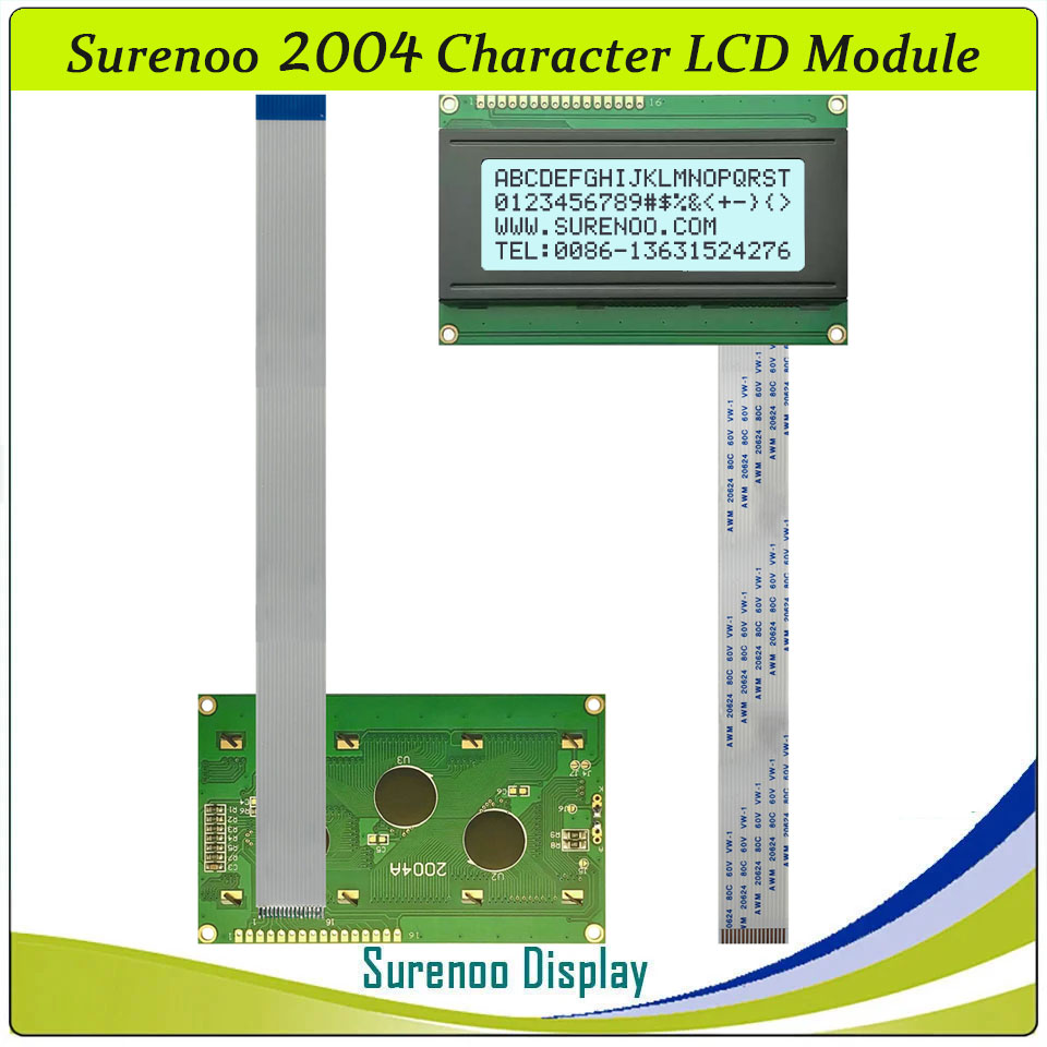 SLC2004A6 PCB=98.00X60.00MM 2004 20*4 Surenoo Character LCD Module Display Screen Panel 6800 4/8-bit Parallel Serial IIC I2C AIP31066 ST7066 Controller STN Yellow Green Blue FSTN Positive LED Backlight with 16P/1.0 FFC FPC