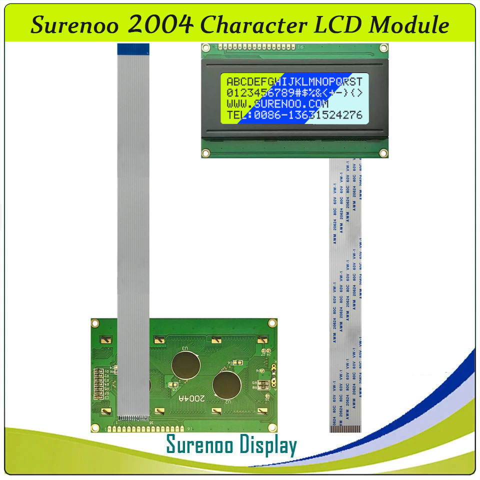 SLC2004A6 PCB=98.00X60.00MM 2004 20*4 Surenoo Character LCD Module Display Screen Panel 6800 4/8-bit Parallel Serial IIC I2C AIP31066 ST7066 Controller STN Yellow Green Blue FSTN Positive LED Backlight with 16P/1.0 FFC FPC