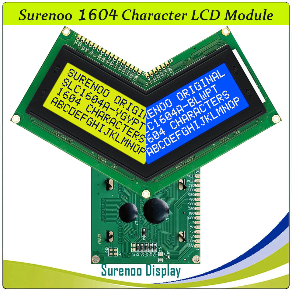 SLC1604A PCB=87.00X60.00MM 1604 16*4 Surenoo Character LCD Module Display Screen Panel 6800 4-bit 8-bit Parallel Serial IIC I2C AIP31066 SPLC780D ST7066 PCF8574 Controller STN Yellow Green STN Blue Negative LED Backlight USB2LCD LCD Smartie AIDA64