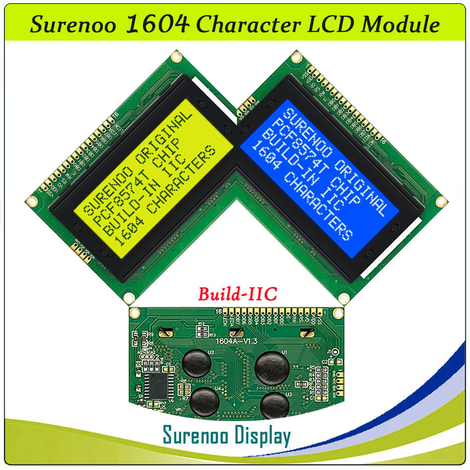 SLC1604B PCB=87.00X60.00MM 1604 16*4 Surenoo Character LCD Module Display Screen Panel 6800 4-bit 8-bit Parallel Serial IIC I2C AIP31066 SPLC780D ST7066 PCF8574 Controller STN Yellow Green STN Blue Negative LED Backlight