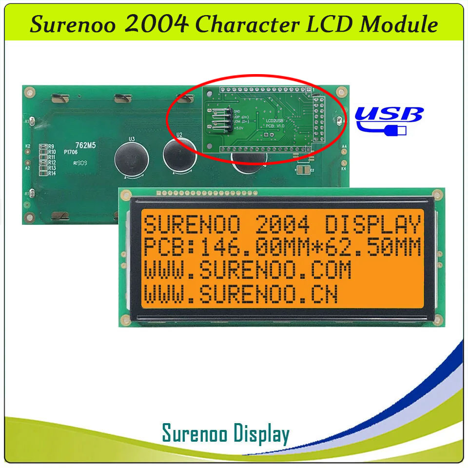 SLC2004B PCB=146.00X62.50MM 2004 20*4 Surenoo Character LCD Module Display Screen Panel 6800 4-bit 8-bit Parallel Serial IIC I2C AIP31066 SPLC780D ST7066 PCF8574 Controller STN Yellow Green STN Blue VA-TN Negative FSTN Positive LED Backlight