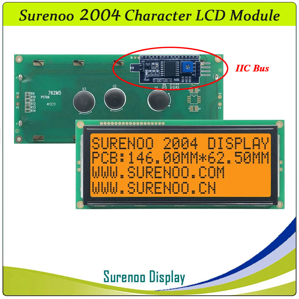 SLC2004B PCB=146.00X62.50MM 2004 20*4 Surenoo Character LCD Module Display Screen Panel 6800 4-bit 8-bit Parallel Serial IIC I2C AIP31066 SPLC780D ST7066 PCF8574 Controller STN Yellow Green STN Blue VA-TN Negative FSTN Positive LED Backlight