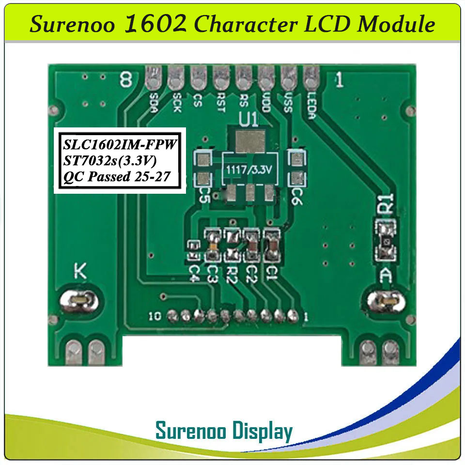 SLC1602I PCB=41.50X33.30MM 1602 16*2 COG Surenoo Character LCD Module Display Screen Panel Integrated Serial SPI ST7032 Controller FSTN Positive LCD with White LED Backlight for Arduino UNO Nano Mega2560