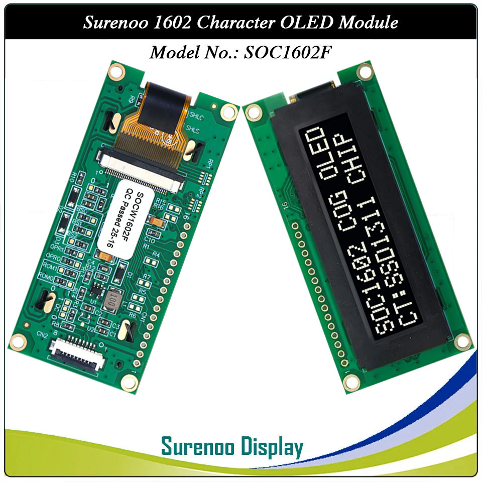 Surenoo COG OLED Module SOC1602F Outline=80.00X36.00MM 1602 16*02 16X2 Character LCD Module Display Screen Panel 6800/8080 8-Bit/4-Bit MPU Interface Serial 4-SPI I2C IIC SSD1311 Controller