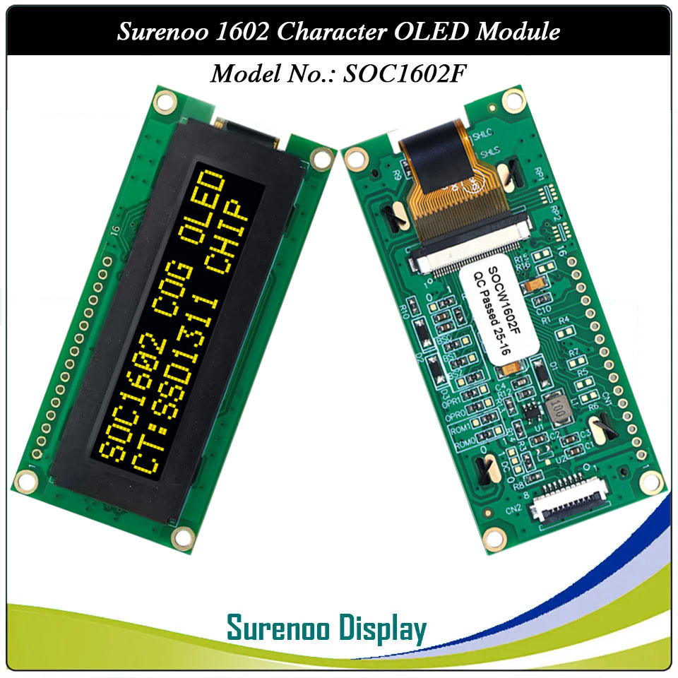 Surenoo COG OLED Module SOC1602F Outline=80.00X36.00MM 1602 16*02 16X2 Character LCD Module Display Screen Panel 6800/8080 8-Bit/4-Bit MPU Interface Serial 4-SPI I2C IIC SSD1311 Controller