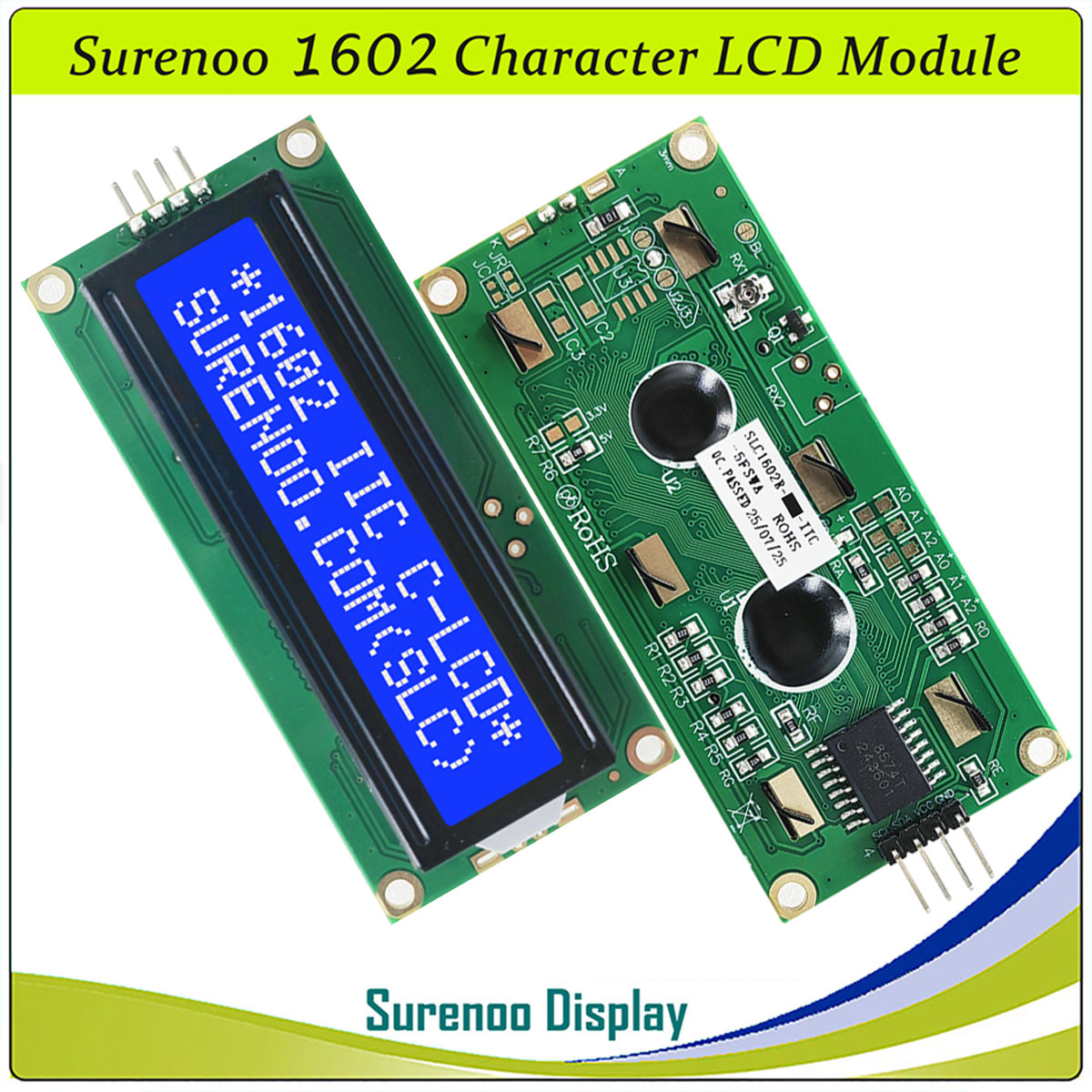 SLC1602R PCB=80.00X36.00MM 1602 16*2 Surenoo Character LCD Module Display Screen Panel 6800 4/8-Bit Parallel Integrated Serial IIC I2C AIP31066 PCF8574 PCF8574T STN Yellow Green Blue LED Backlight for Arduino UNO Nano Mega2560