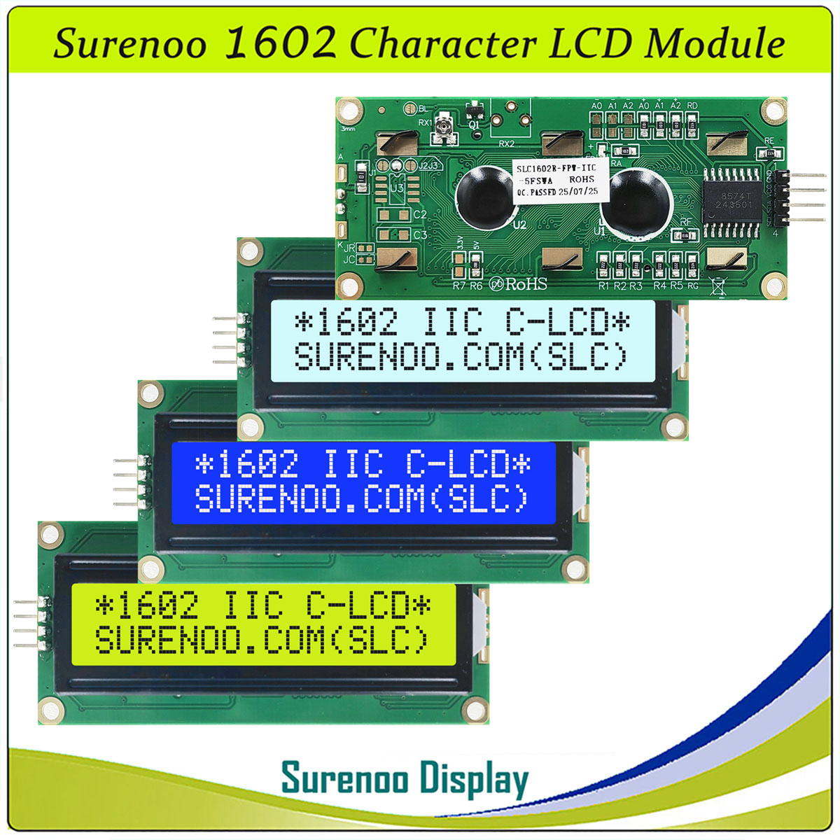 SLC1602R PCB=80.00X36.00MM 1602 16*2 Surenoo Character LCD Module Display Screen Panel 6800 4/8-Bit Parallel Integrated Serial IIC I2C AIP31066 PCF8574 PCF8574T STN Yellow Green Blue LED Backlight for Arduino UNO Nano Mega2560