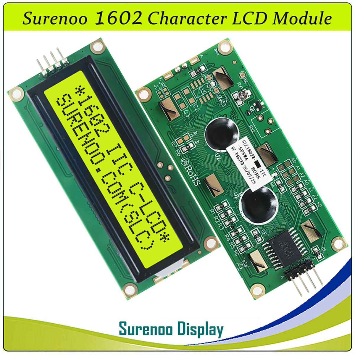 SLC1602R PCB=80.00X36.00MM 1602 16*2 Surenoo Character LCD Module Display Screen Panel 6800 4/8-Bit Parallel Integrated Serial IIC I2C AIP31066 PCF8574 PCF8574T STN Yellow Green Blue LED Backlight for Arduino UNO Nano Mega2560