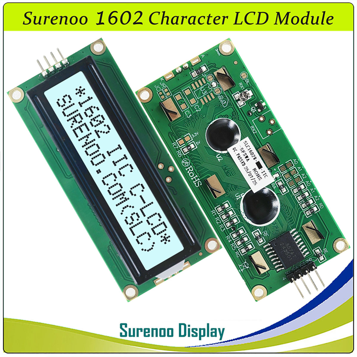SLC1602R PCB=80.00X36.00MM 1602 16*2 Surenoo Character LCD Module Display Screen Panel 6800 4/8-Bit Parallel Integrated Serial IIC I2C AIP31066 PCF8574 PCF8574T STN Yellow Green Blue LED Backlight for Arduino UNO Nano Mega2560