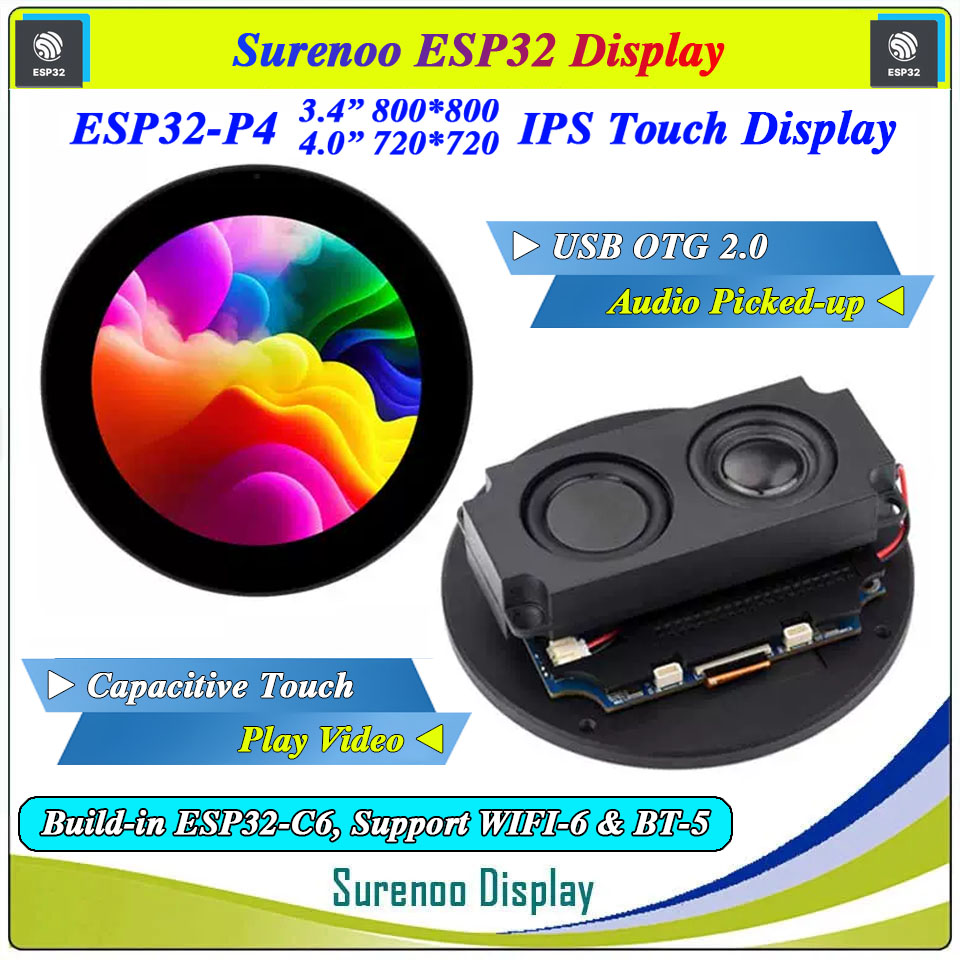 ESP32-P4 HMI Series 3.4-inch 800*800 / 4.0-inch 720*720 Round Cirecular high-definition TFT-IPS LCD CTP Screen Display Module Capacitive Touch Panel with ESP32-P4NRW32 ESP32-C6-MINI-1U-N4 WIFI and Bluetooth 32M PSRAM 16M FLASH SU8080P434C
