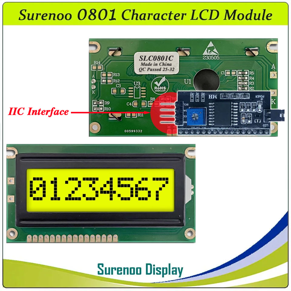 SLC0801C PCB=84.00X44.00MM 0801 8*1 Surenoo Character LCD Module Display Screen Panel 6800 4-bit 8-bit Parallel Serial IIC I2C AIP31066 SPLC780D ST7066 PCF8574 Controller STN Yellow Green LED Backlight