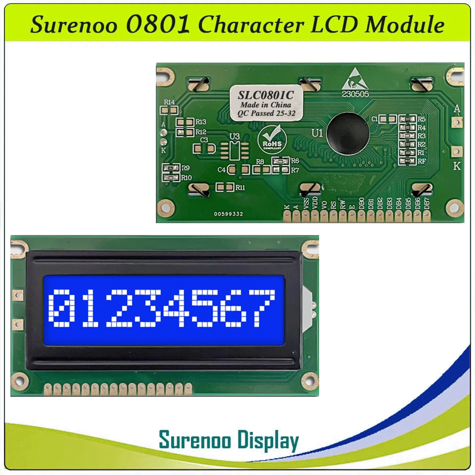 SLC0801C PCB=84.00X44.00MM 0801 8*1 Surenoo Character LCD Module Display Screen Panel 6800 4-bit 8-bit Parallel Serial IIC I2C AIP31066 SPLC780D ST7066 PCF8574 Controller STN Yellow Green LED Backlight