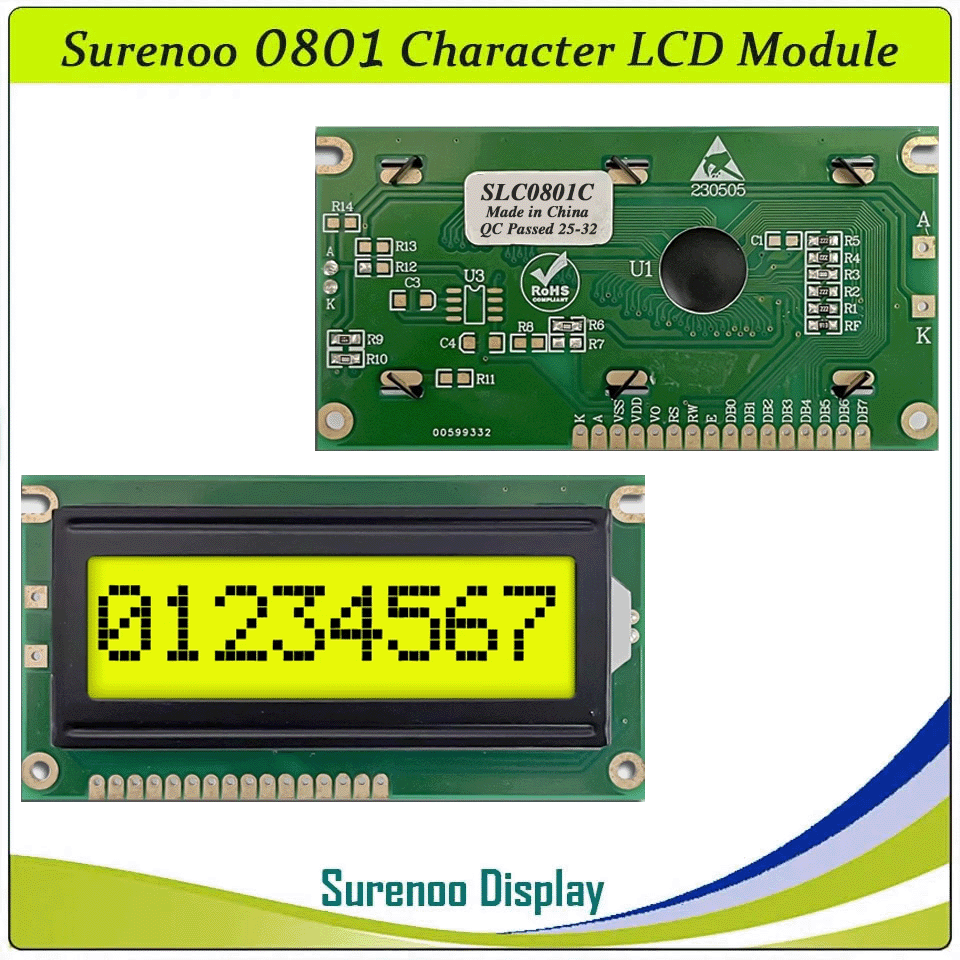 SLC0801C PCB=84.00X44.00MM 0801 8*1 Surenoo Character LCD Module Display Screen Panel 6800 4-bit 8-bit Parallel Serial IIC I2C AIP31066 SPLC780D ST7066 PCF8574 Controller STN Yellow Green LED Backlight