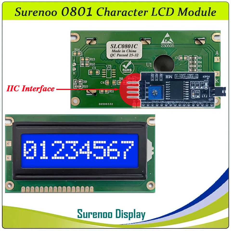 SLC0801C PCB=84.00X44.00MM 0801 8*1 Surenoo Character LCD Module Display Screen Panel 6800 4-bit 8-bit Parallel Serial IIC I2C AIP31066 SPLC780D ST7066 PCF8574 Controller STN Yellow Green LED Backlight