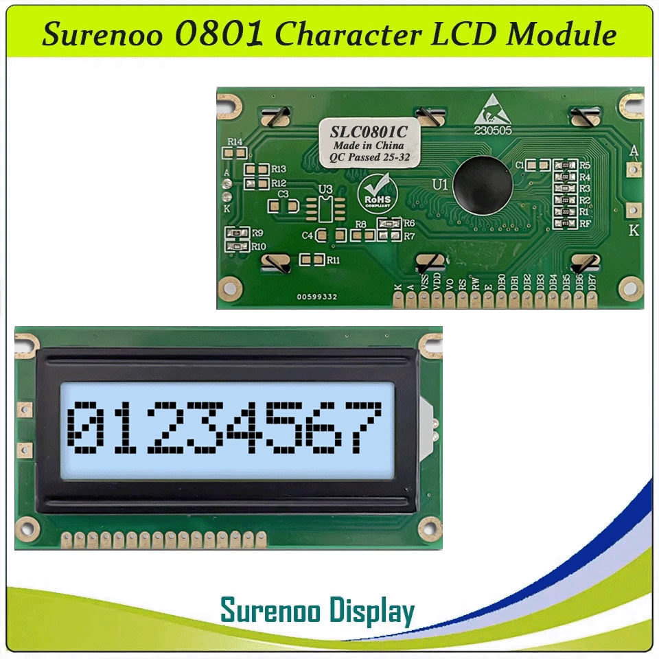 SLC0801C PCB=84.00X44.00MM 0801 8*1 Surenoo Character LCD Module Display Screen Panel 6800 4-bit 8-bit Parallel Serial IIC I2C AIP31066 SPLC780D ST7066 PCF8574 Controller STN Yellow Green LED Backlight