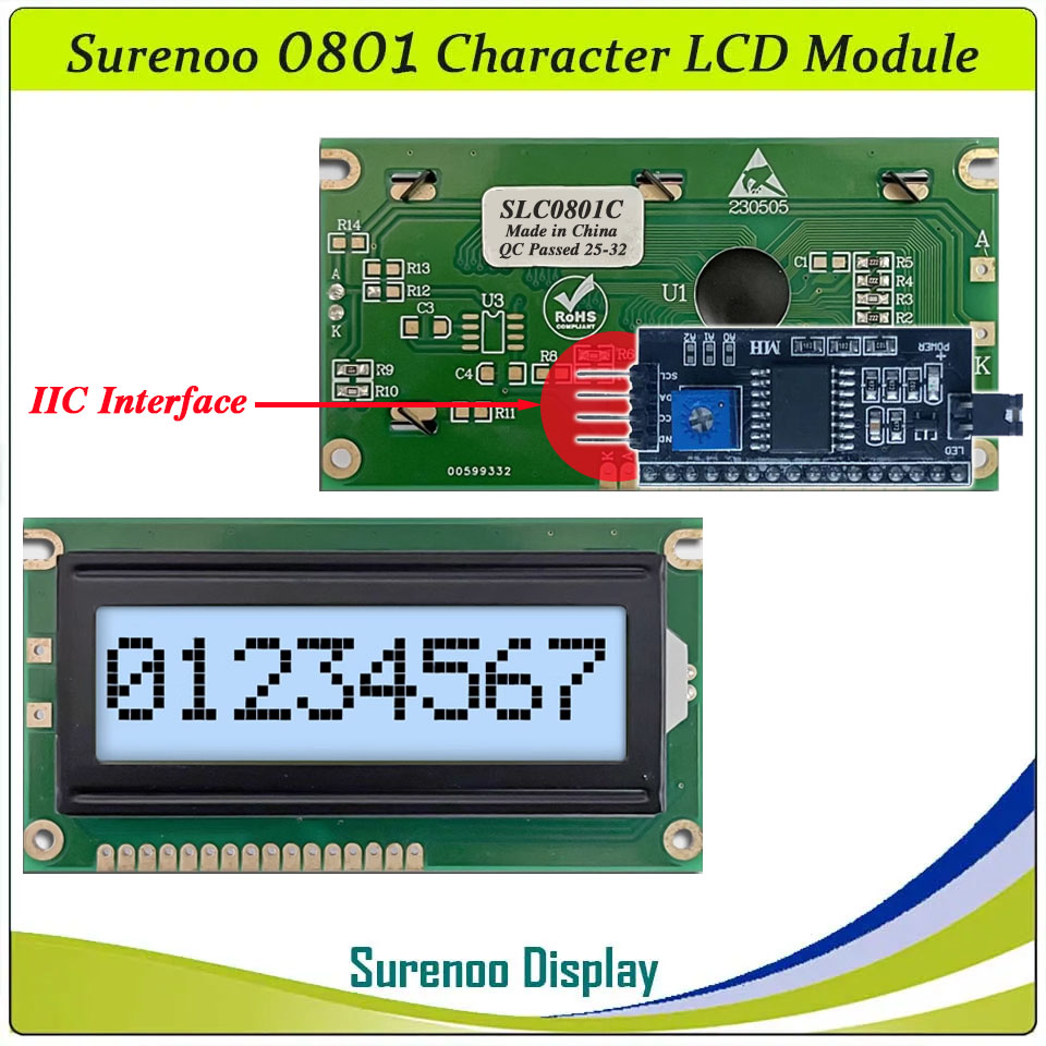 SLC0801C PCB=84.00X44.00MM 0801 8*1 Surenoo Character LCD Module Display Screen Panel 6800 4-bit 8-bit Parallel Serial IIC I2C AIP31066 SPLC780D ST7066 PCF8574 Controller STN Yellow Green LED Backlight