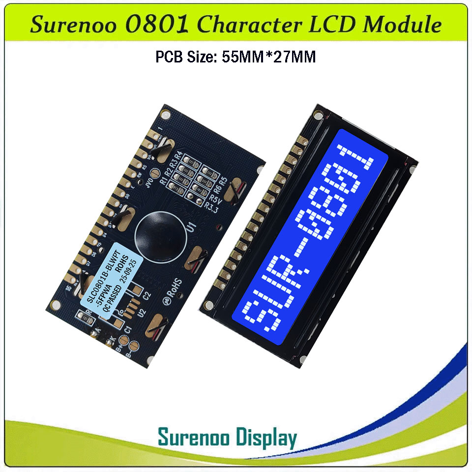 SLC0801B PCB=55.00X27.00MM 0801 8*1 Surenoo Character LCD Module Display Screen Panel 6800 4-bit 8-bit Parallel Serial IIC I2C AIP31066 SPLC780D ST7066 Controller STN Yellow Green LED Backlight