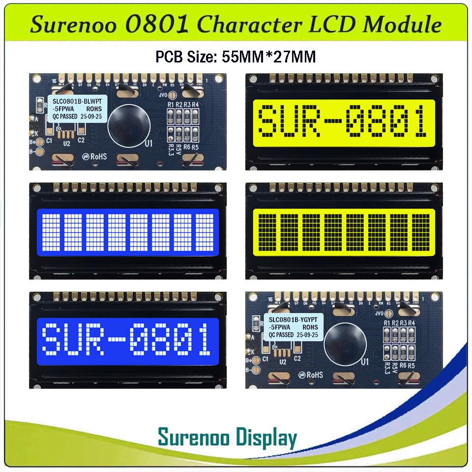 SLC0801B PCB=55.00X27.00MM 0801 8*1 Surenoo Character LCD Module Display Screen Panel 6800 4-bit 8-bit Parallel Serial IIC I2C AIP31066 SPLC780D ST7066 Controller STN Yellow Green LED Backlight
