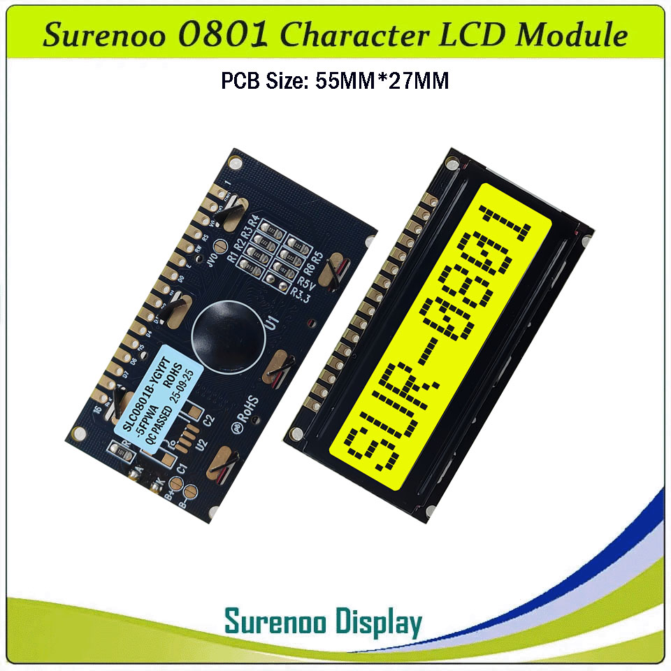 SLC0801B PCB=55.00X27.00MM 0801 8*1 Surenoo Character LCD Module Display Screen Panel 6800 4-bit 8-bit Parallel Serial IIC I2C AIP31066 SPLC780D ST7066 Controller STN Yellow Green LED Backlight