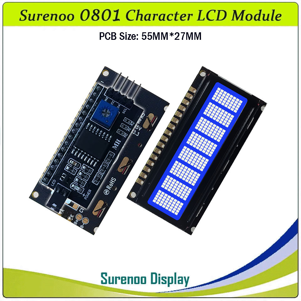 SLC0801B PCB=55.00X27.00MM 0801 8*1 Surenoo Character LCD Module Display Screen Panel 6800 4-bit 8-bit Parallel Serial IIC I2C AIP31066 SPLC780D ST7066 Controller STN Yellow Green LED Backlight