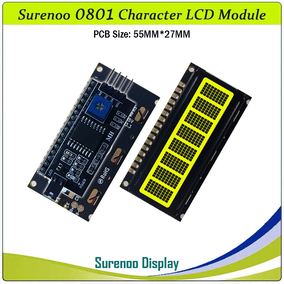 SLC0801B PCB=55.00X27.00MM 0801 8*1 Surenoo Character LCD Module Display Screen Panel 6800 4-bit 8-bit Parallel Serial IIC I2C AIP31066 SPLC780D ST7066 Controller STN Yellow Green LED Backlight