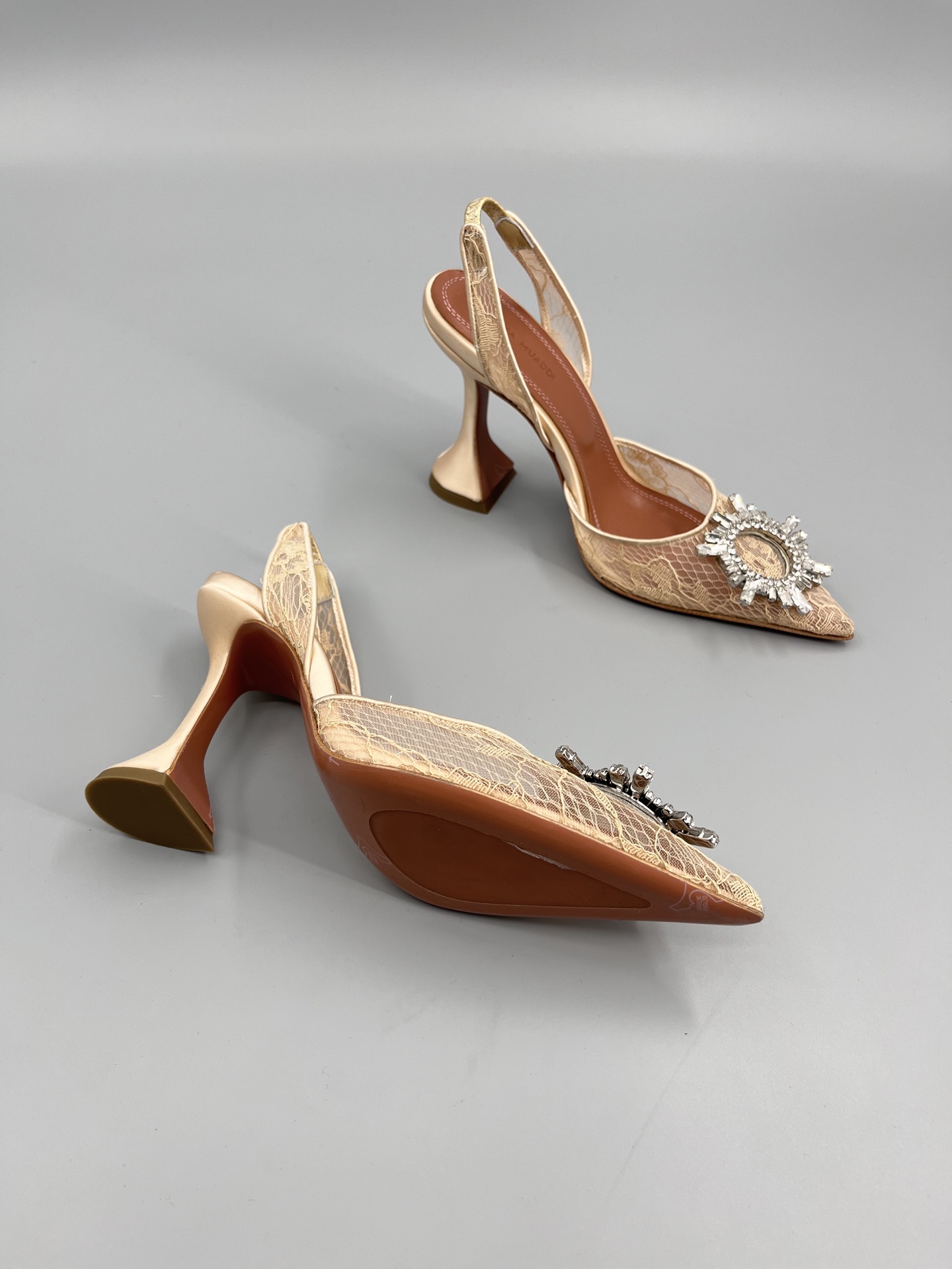Amina Muaddi Sunflower Crystal Embellished Lace Up Heels Sandals Slipper Shoes