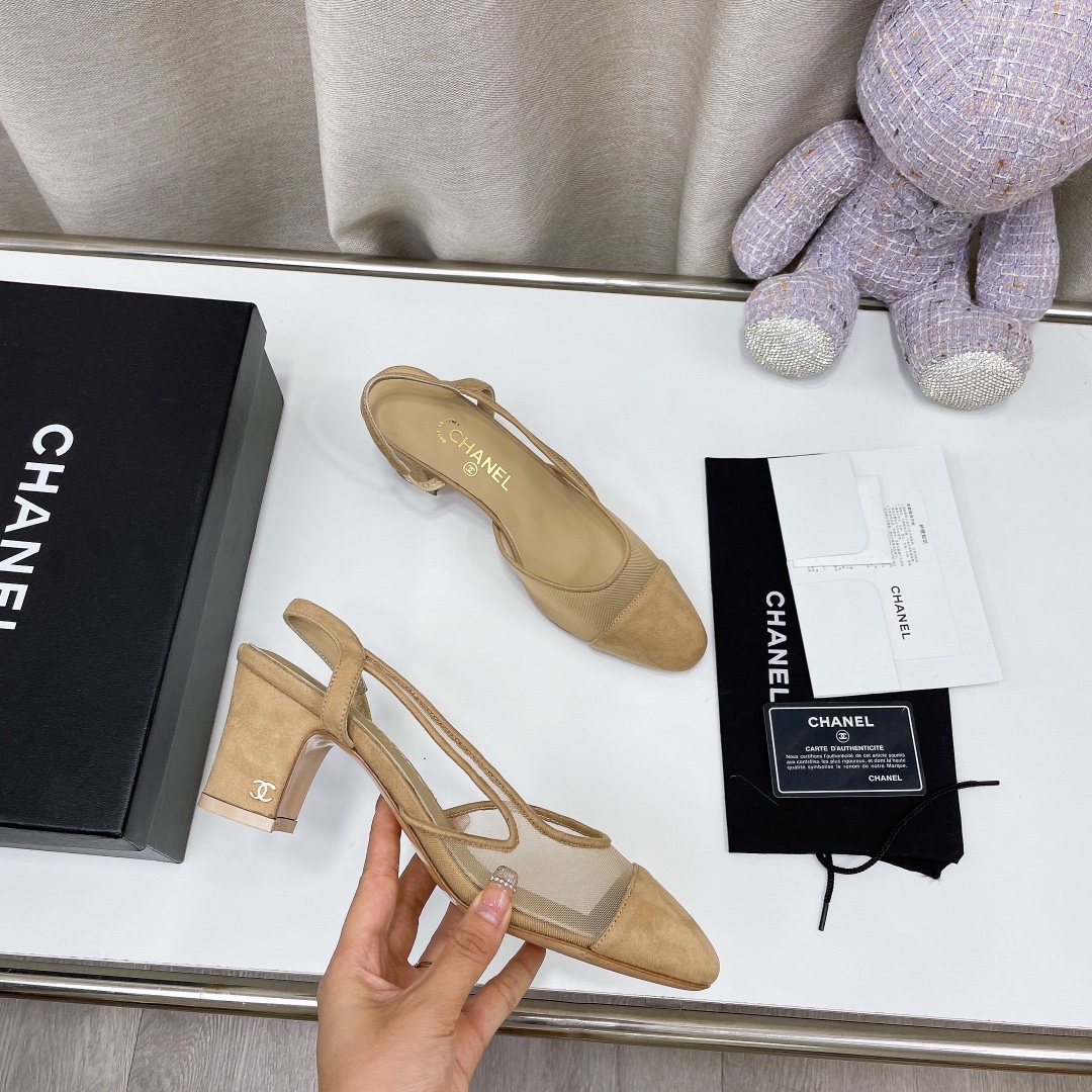 Chanel Chunky Heel High Heeled Rear Hollow Sandals Slipper Shoes