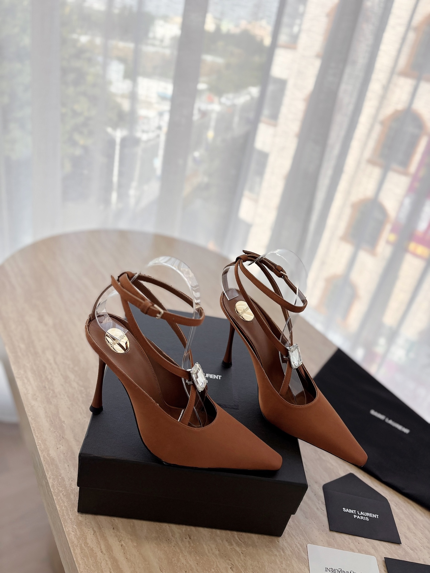 Saint Laurent YSL 25ss Big Rhinestone Pointed Toe Heeled Sandals Shoes