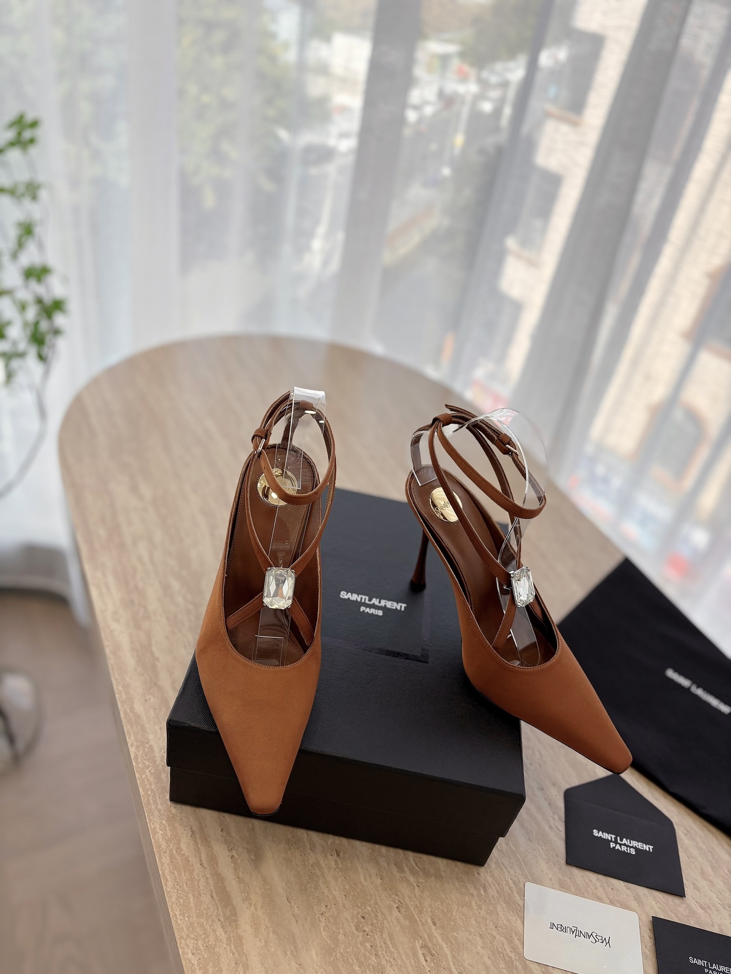Saint Laurent YSL 25ss Big Rhinestone Pointed Toe Heeled Sandals Shoes