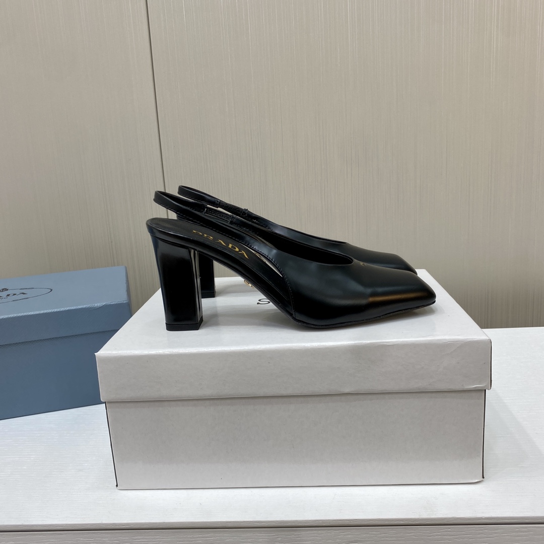 Prada Square Head High Heeled Chunky Sandals Slipper Rear Hollow Single Shoes