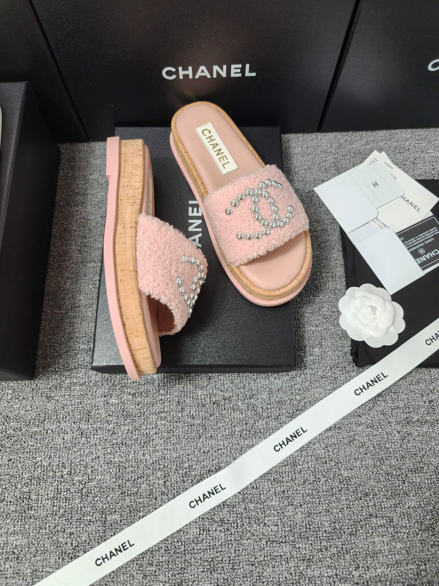 Chanel Double C Wooden Thick Bottom Pearls Heels Slippers Sandals Shoes