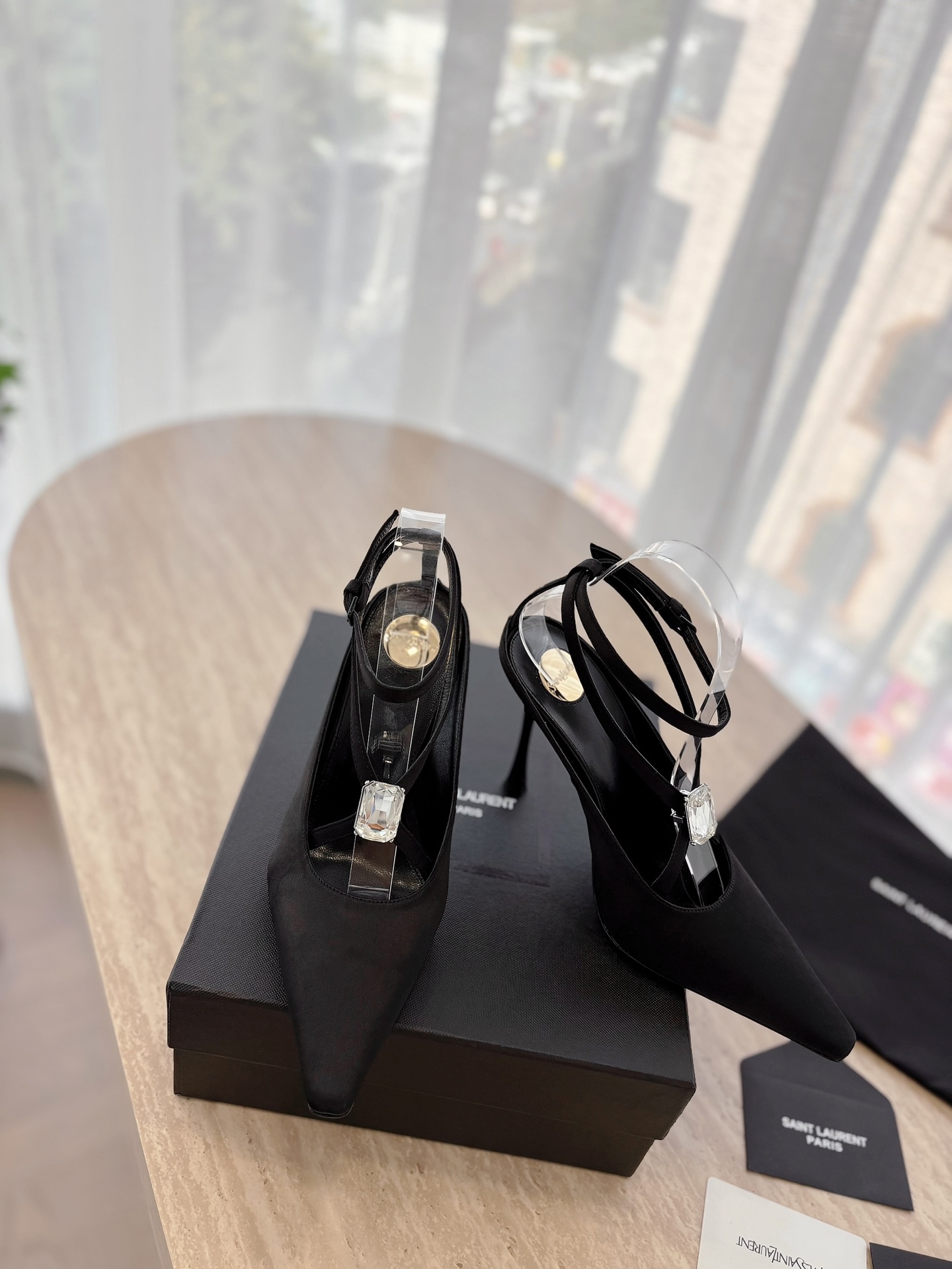 Saint Laurent YSL 25ss Big Rhinestone Pointed Toe Heeled Sandals Shoes