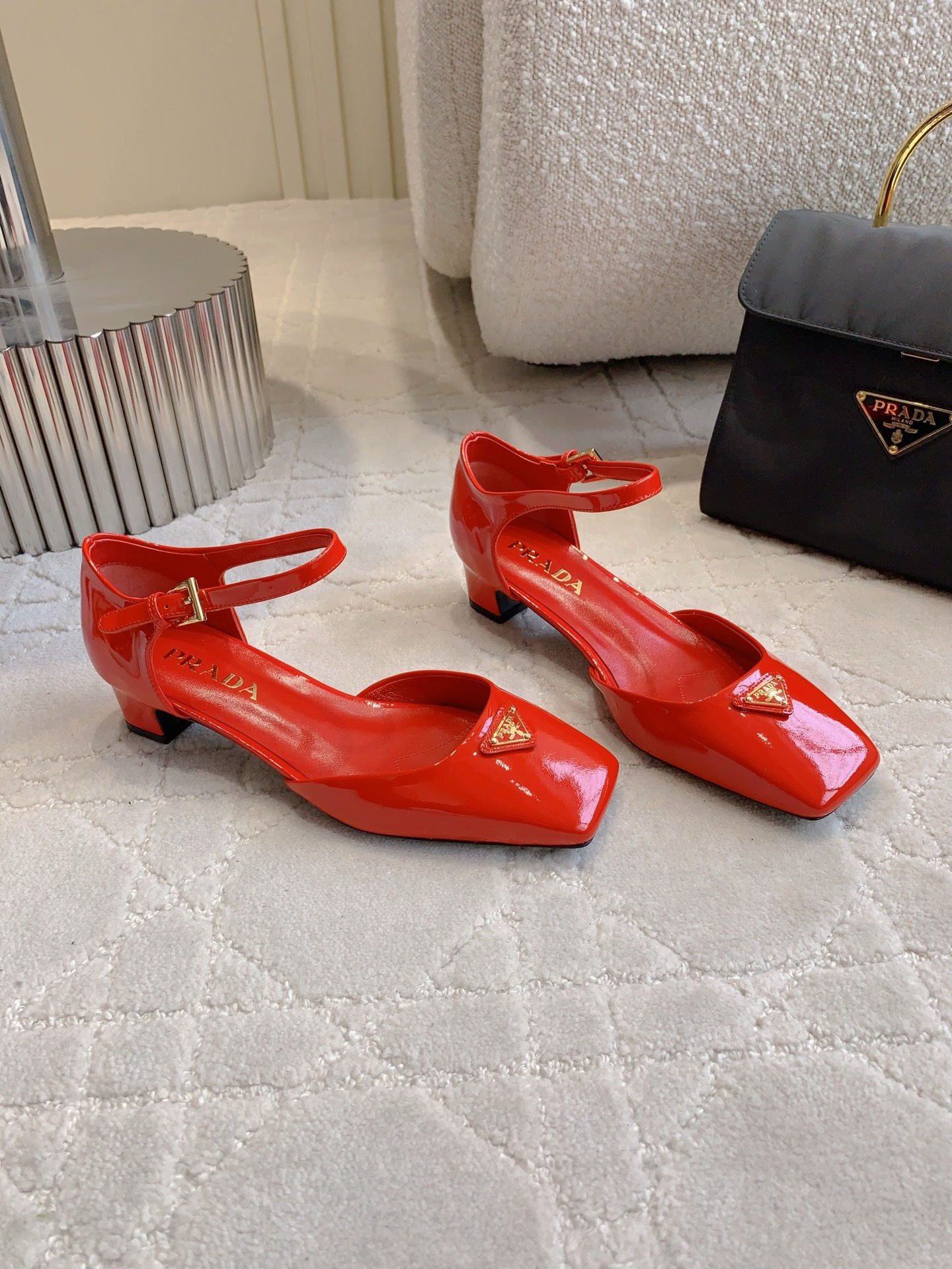 Prada Triangle Square Toe Chunky Heel Shoes Sandals Slipper Shoes
