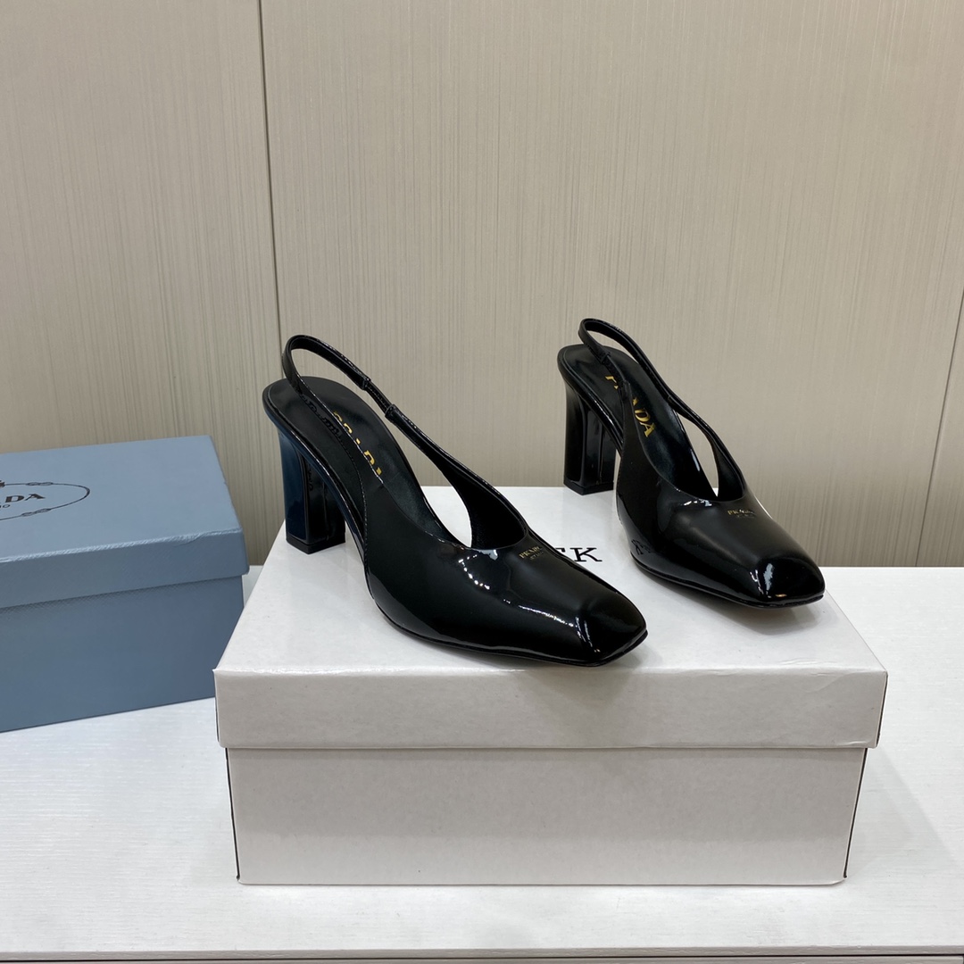 Prada Square Head High Heeled Chunky Sandals Slipper Rear Hollow Single Shoes