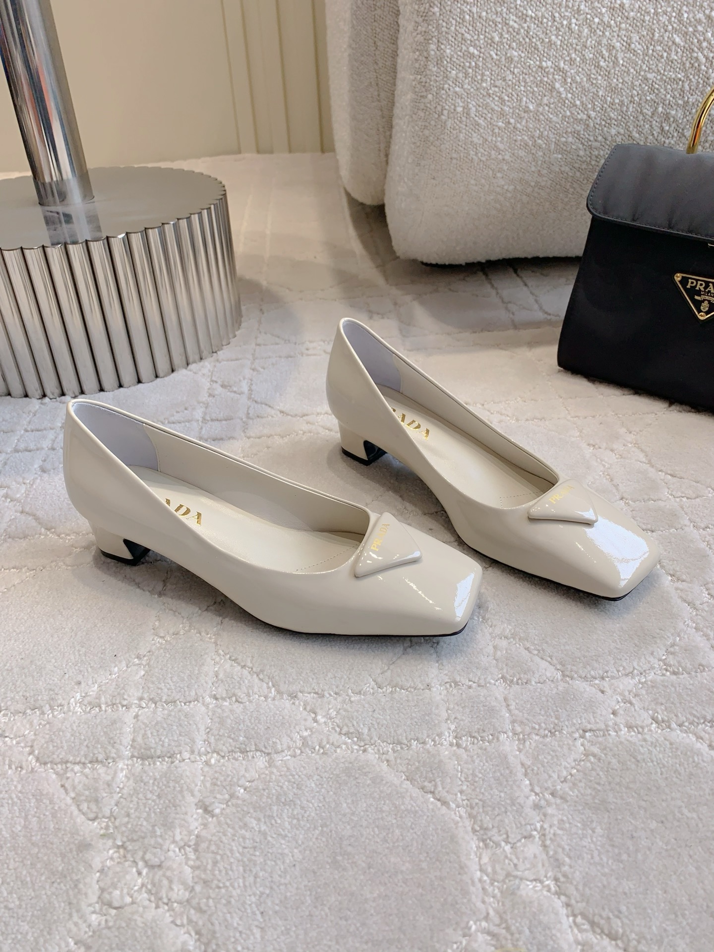 Prada Triangle Square Toe Chunky Heel Shoes Sandals Slipper Shoes