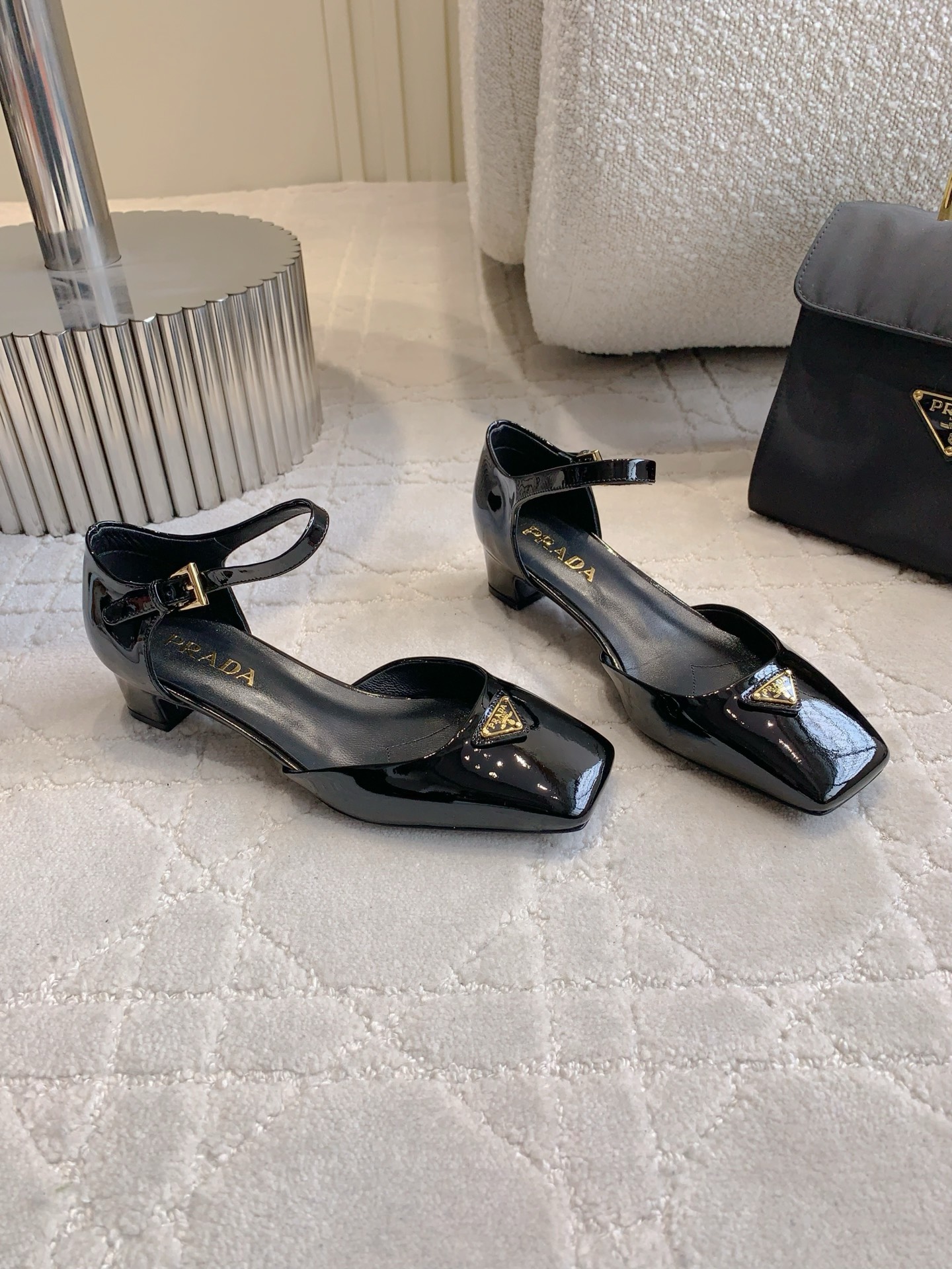 Prada Triangle Square Toe Chunky Heel Shoes Sandals Slipper Shoes