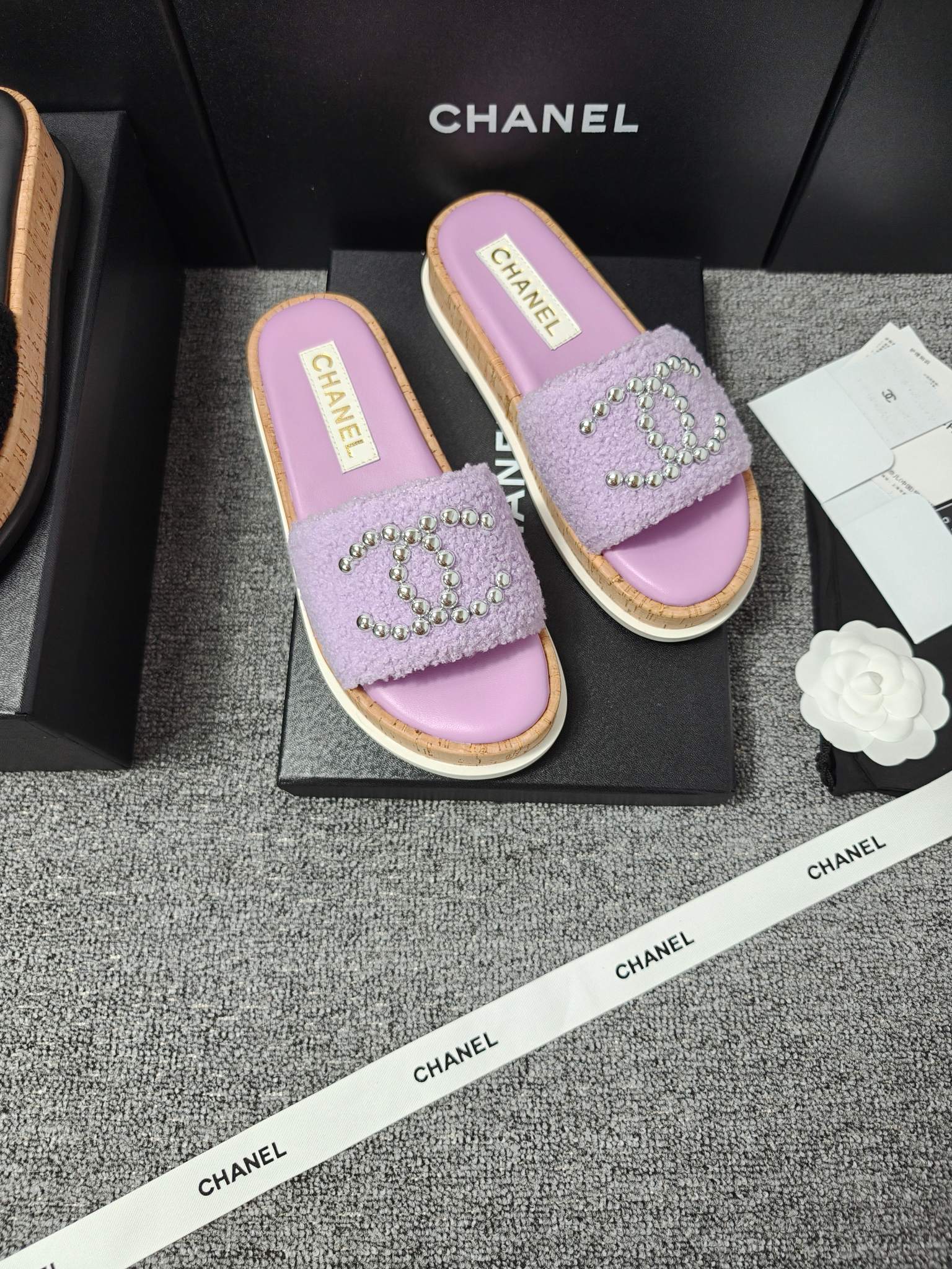 Chanel Double C Wooden Thick Bottom Pearls Heels Slippers Sandals Shoes