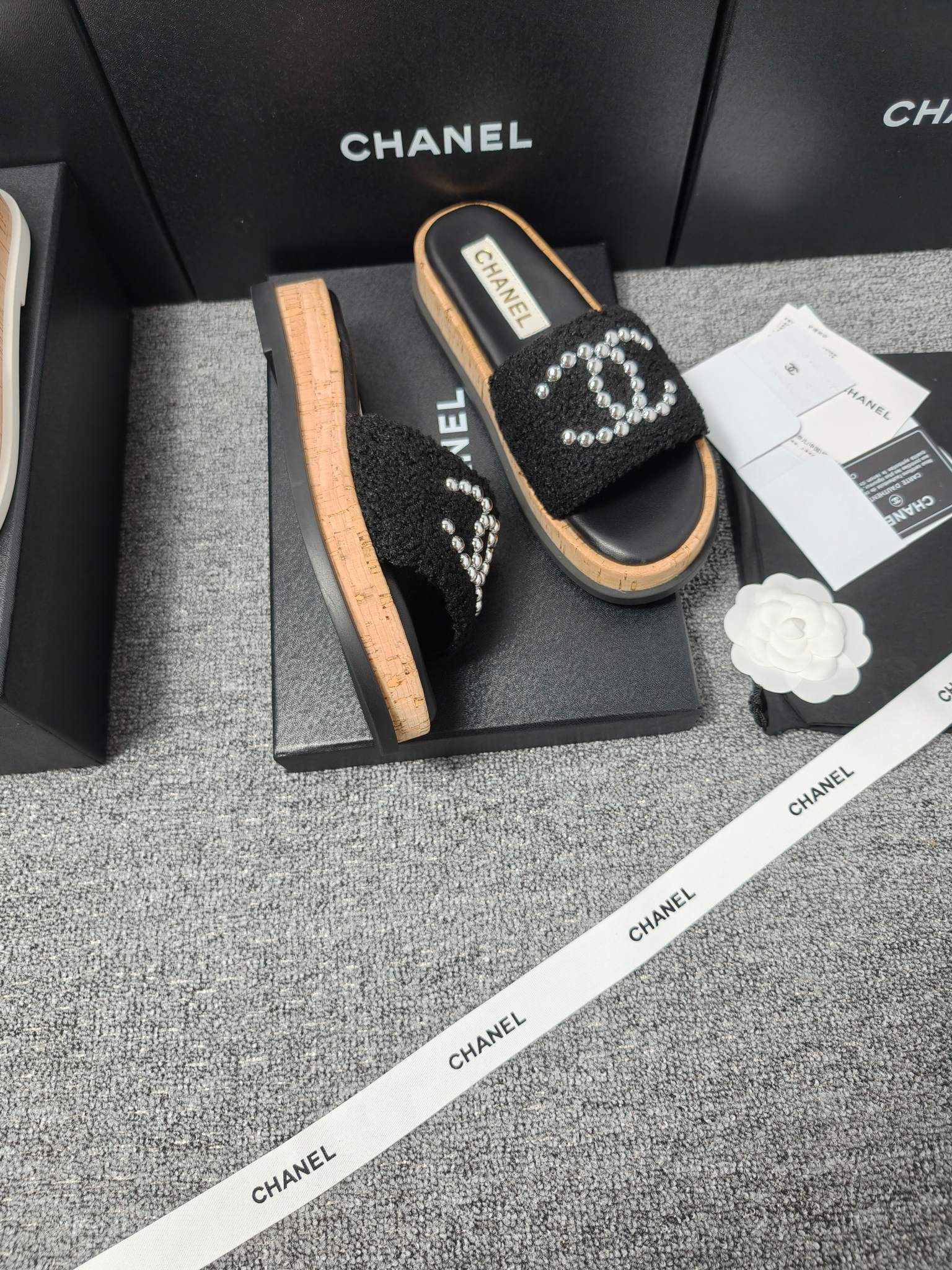 Chanel Double C Wooden Thick Bottom Pearls Heels Slippers Sandals Shoes