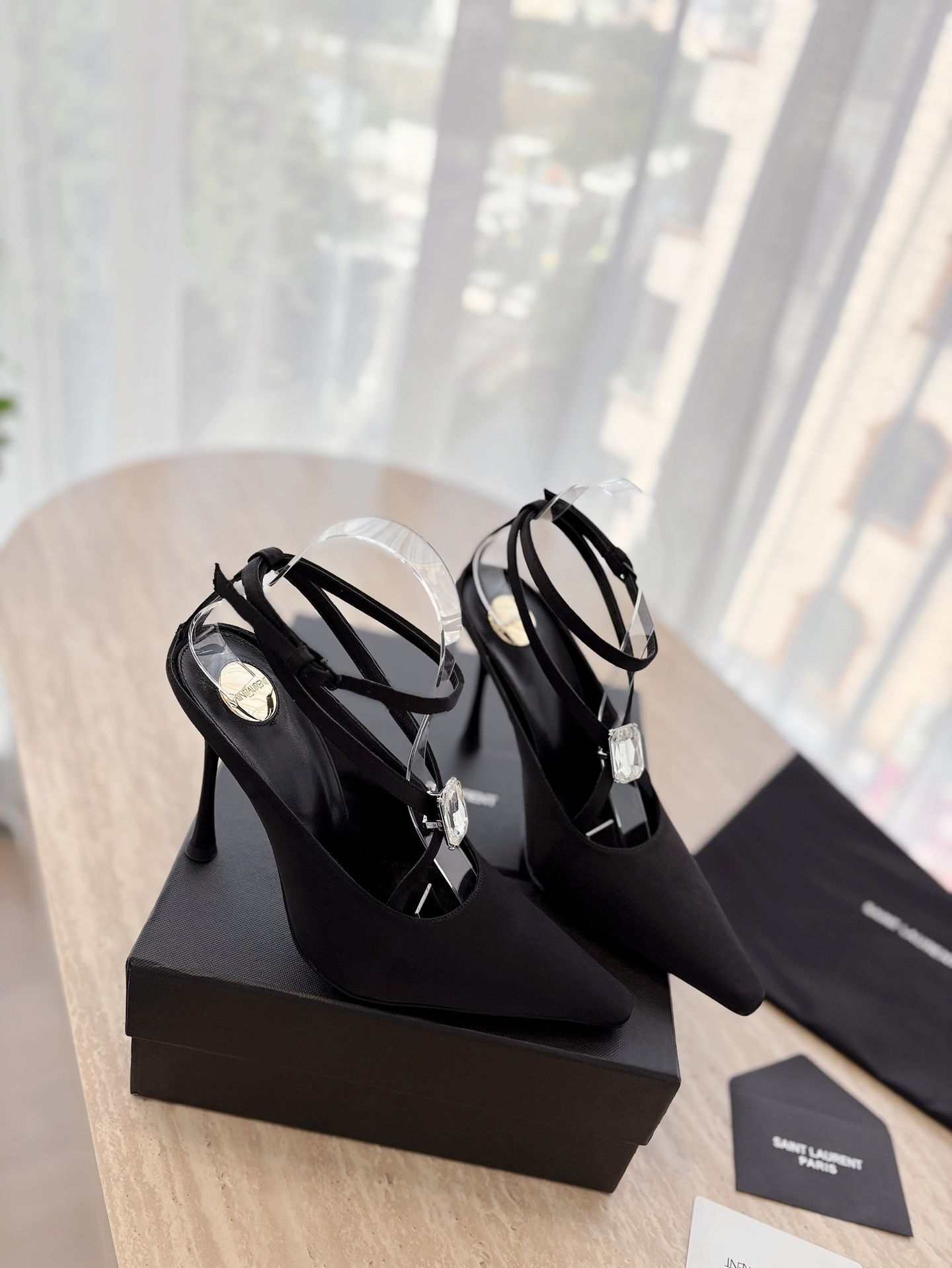 Saint Laurent YSL 25ss Big Rhinestone Pointed Toe Heeled Sandals Shoes