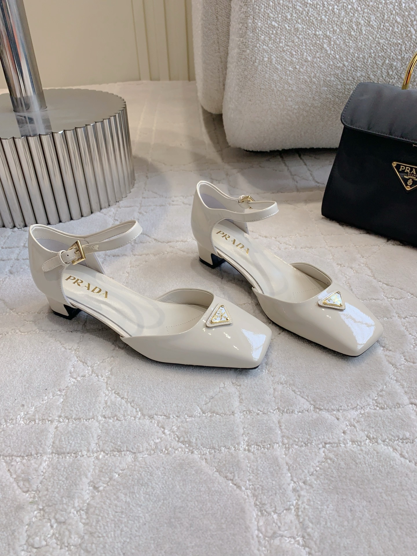 Prada Triangle Square Toe Chunky Heel Shoes Sandals Slipper Shoes