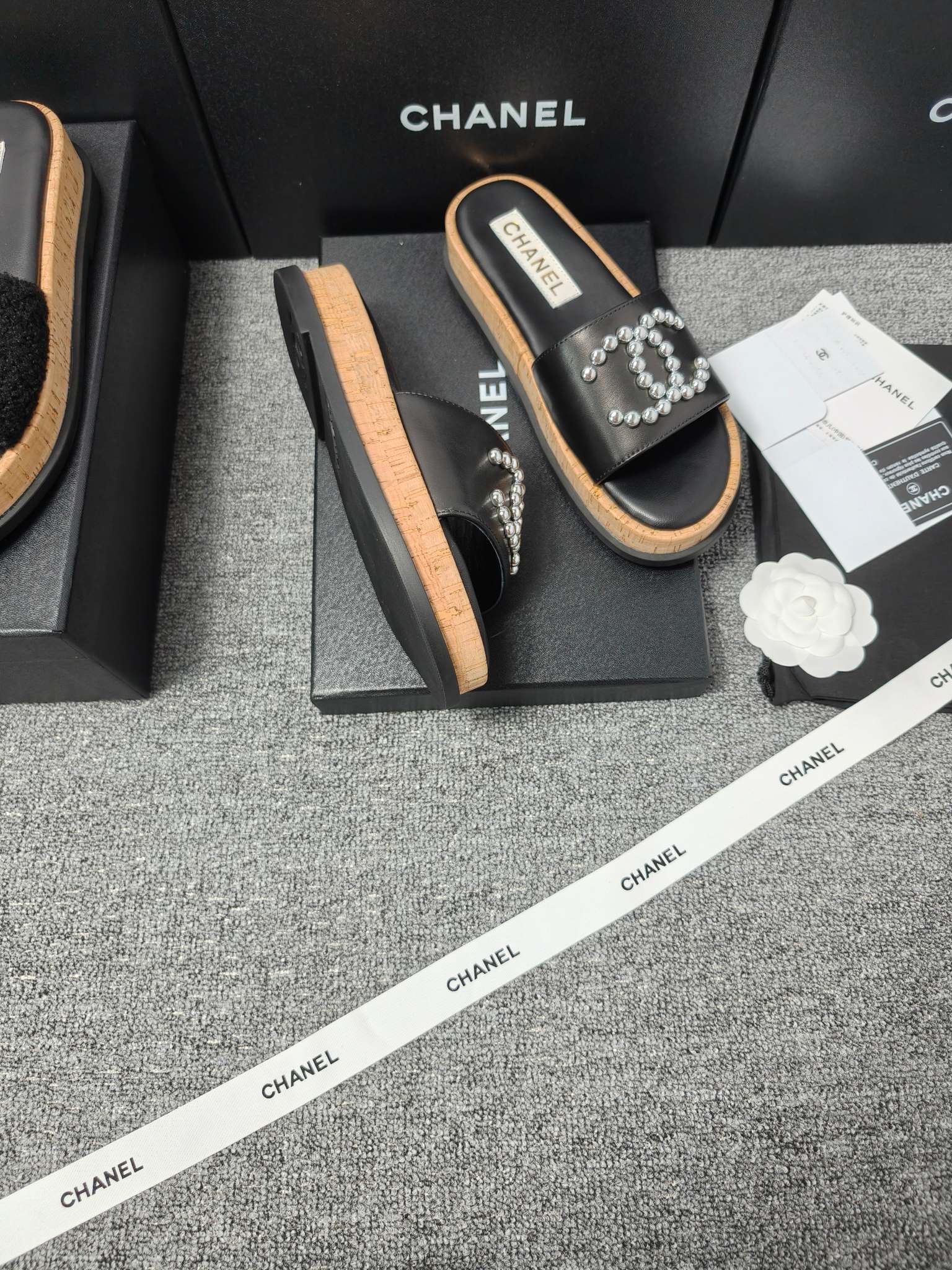 Chanel Double C Wooden Thick Bottom Pearls Heels Slippers Sandals Shoes