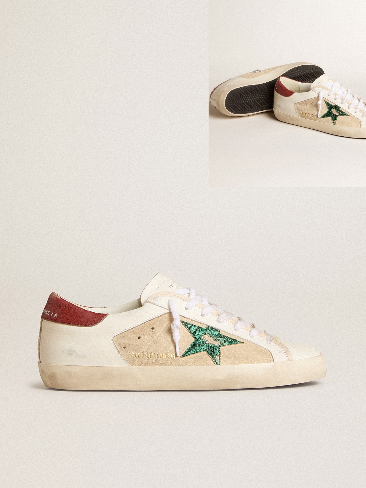 Golden Goose GGDB Men's Super-Star LTD in suede with green metallic star and red heel tab