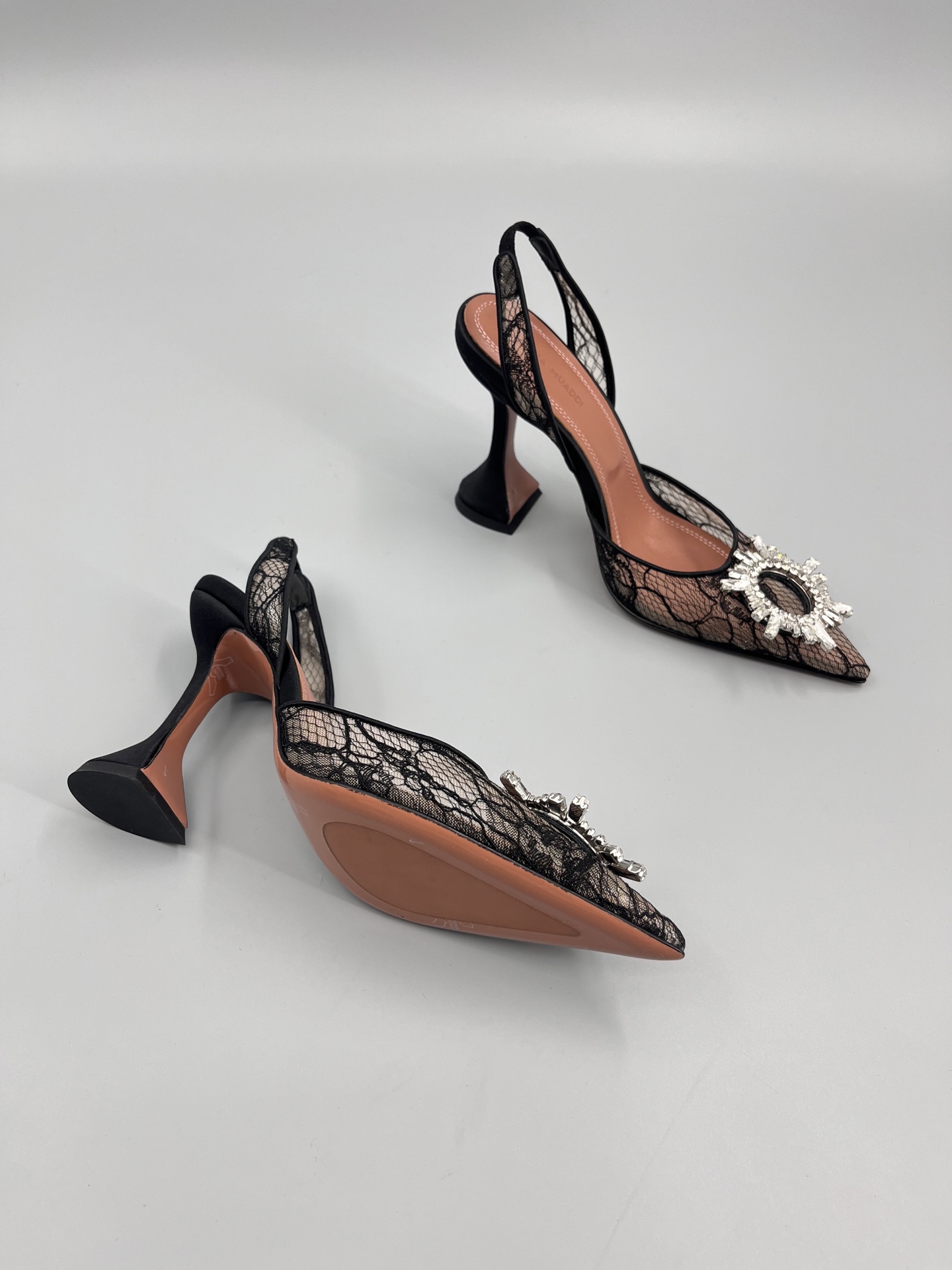 Amina Muaddi Sunflower Crystal Embellished Lace Up Heels Sandals Slipper Shoes