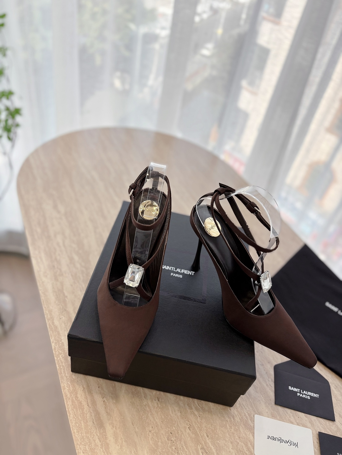 Saint Laurent YSL 25ss Big Rhinestone Pointed Toe Heeled Sandals Shoes