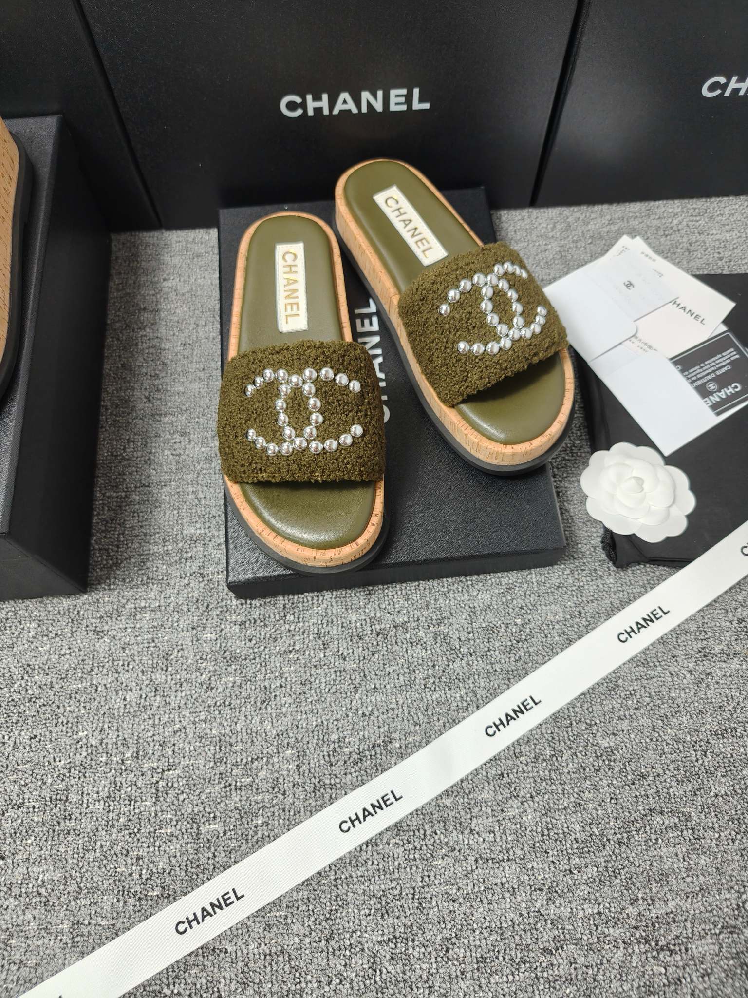 Chanel Double C Wooden Thick Bottom Pearls Heels Slippers Sandals Shoes