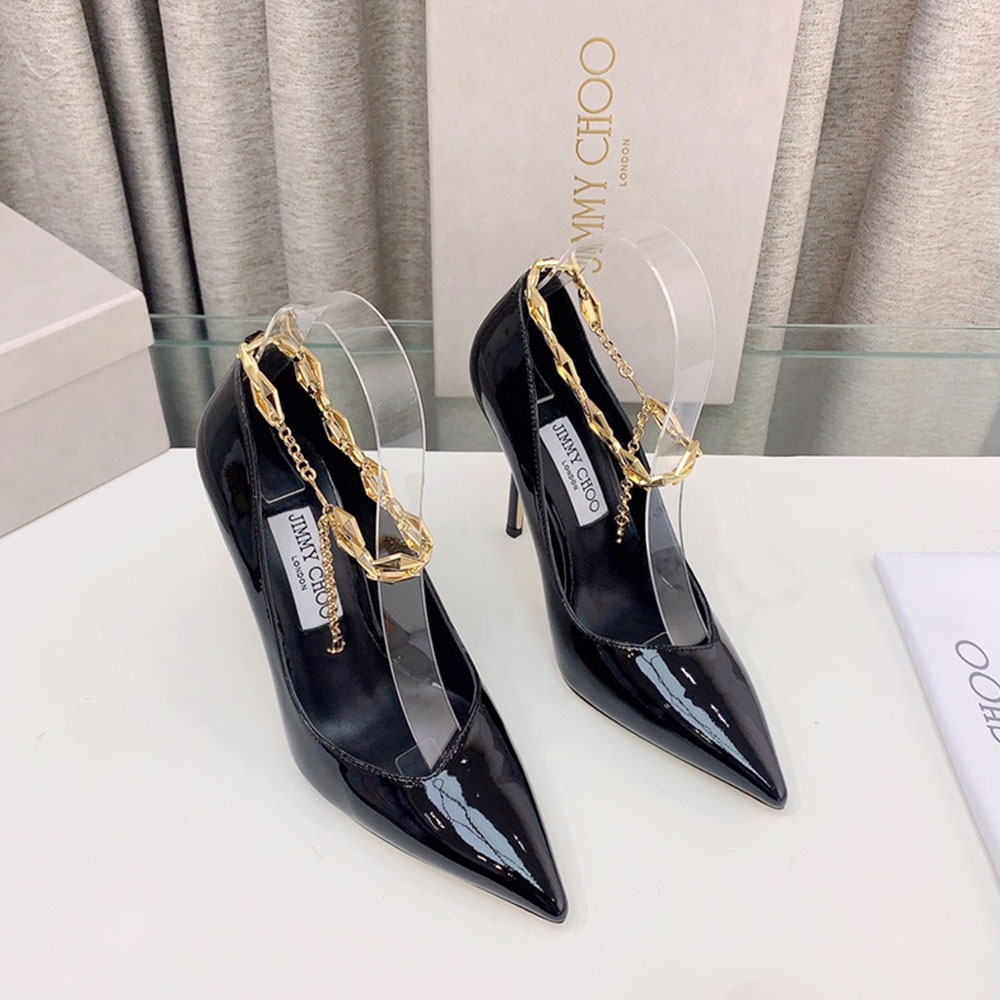 Jimmy Choo Talura Patent Leather Chain 10CM Slim Heel Slide Sandal