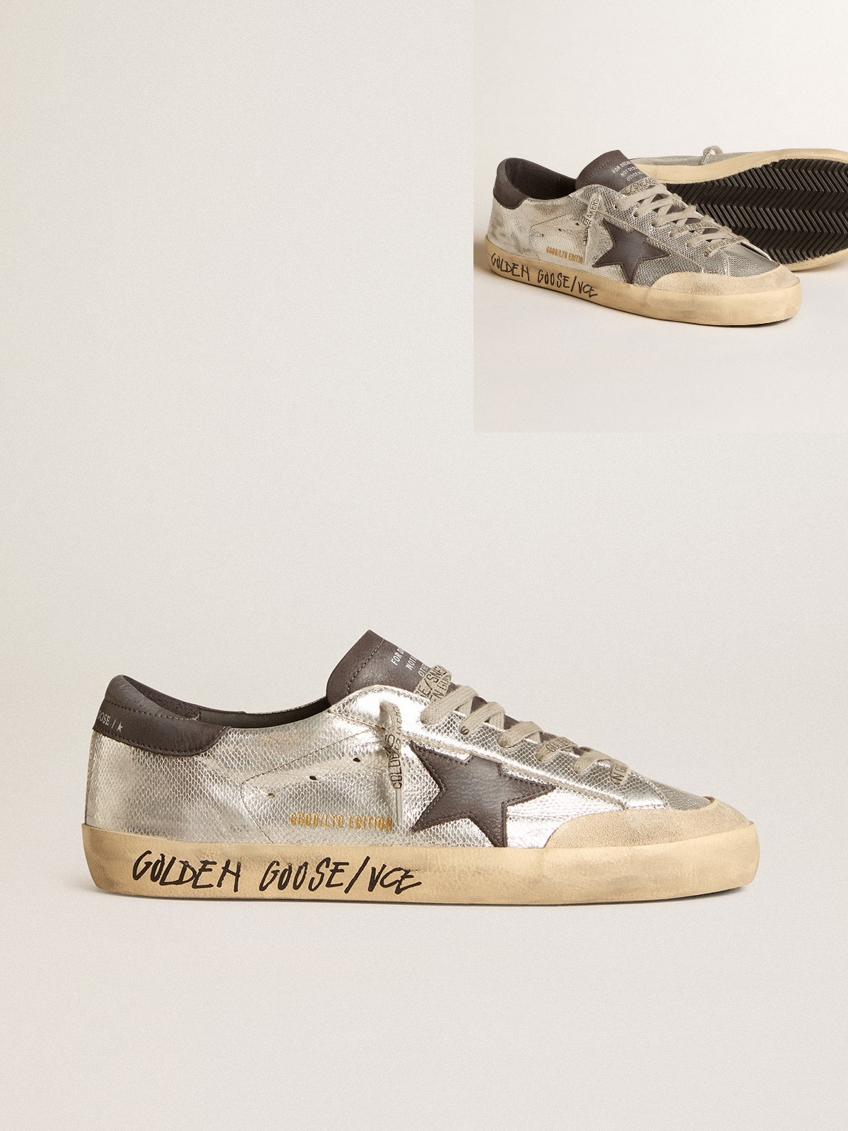 Golden Goose GGDB Men's silver Super-Star LTD with black nubuck star and heel tab