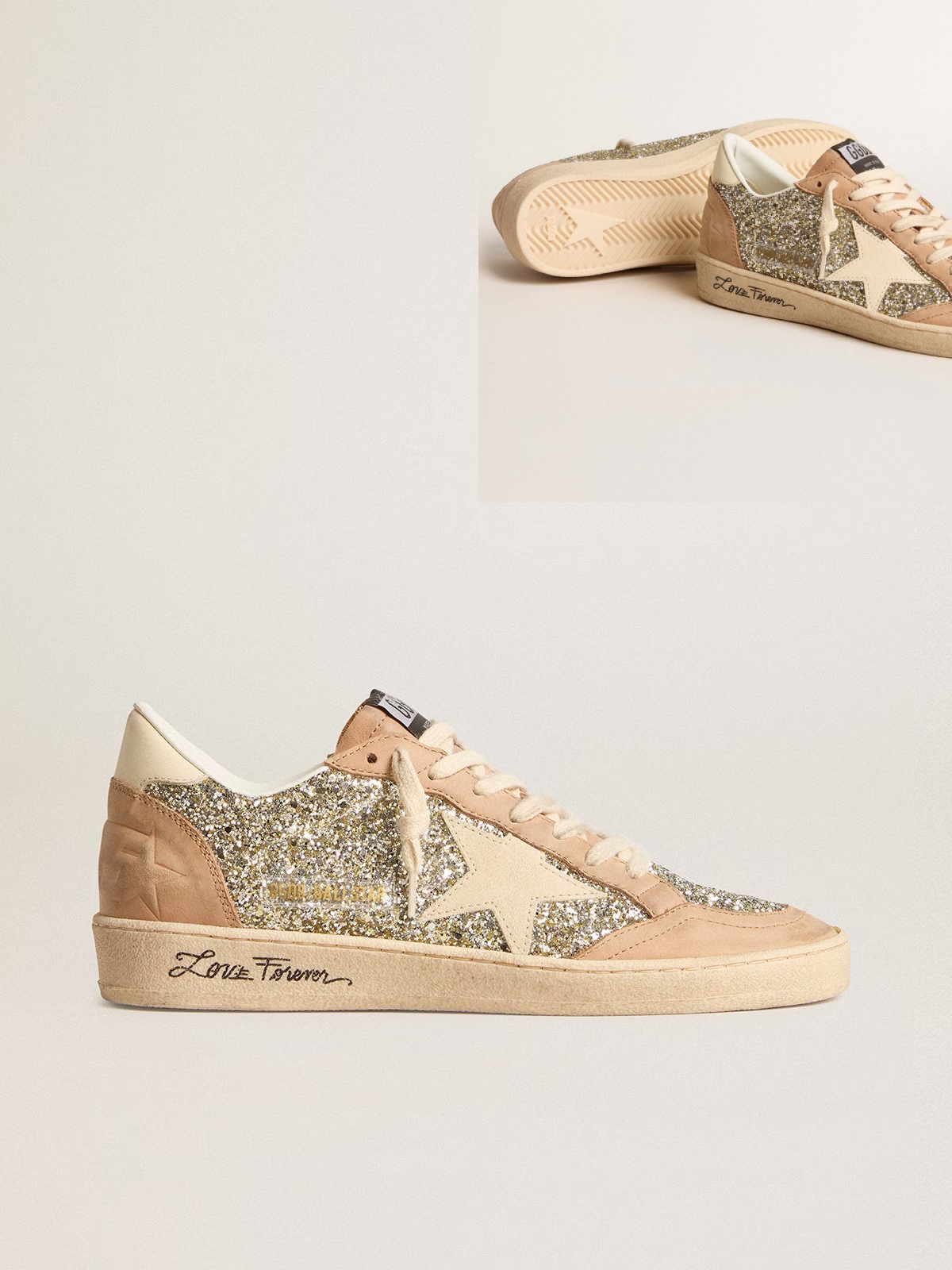 Golden Goose GGDB Golden Goose GGDB Women's Ball Star in platinum glitter with cream leather star and nubuck toe