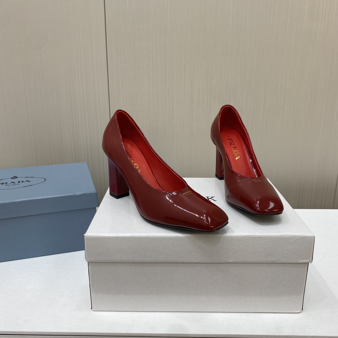 Prada Square Head High Heeled Chunky Sandals Slipper Rear Hollow Single Shoes